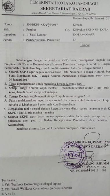 Pemkot Kotamobagu Tutup Penerimaan Tenaga Kontrak