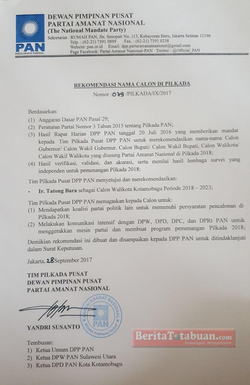 Ini Surat Rekomendasi DPP PAN Ke Tatong Bara