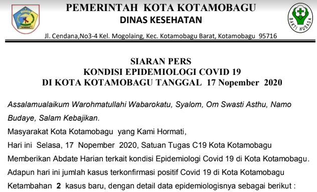 Bertambah 2 Kasus, Ini Rincian Warga Yang Terkonfirmasi Positif Covid-19 di Kotamobagu